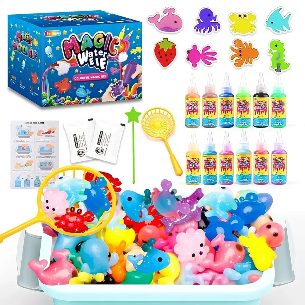 Magic Water Wolf colorful magic soap kit with a blue illustrated box, multiple small bottles of colored liquid, assorted animal-shaped bath toys, a yellow paddle net, instruction sheet, and stickers on a white background.