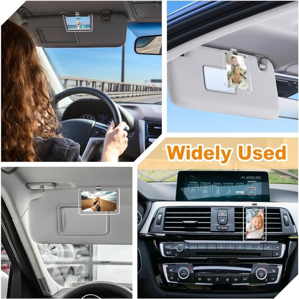 A collage showing a car sun visor phone holder in use, with a woman driving and the holder attached to visors inside a car. The text 'Widely Used' appears in the center.