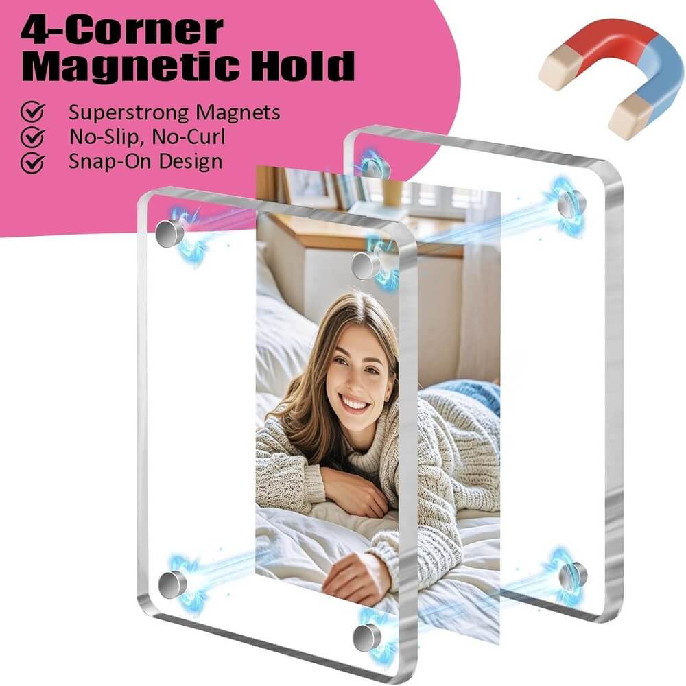 Magnetic photo frame with a woman on a bed, featuring text about magnetic hold properties.