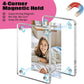 Magnetic photo frame with a woman on a bed, featuring text about magnetic hold properties.