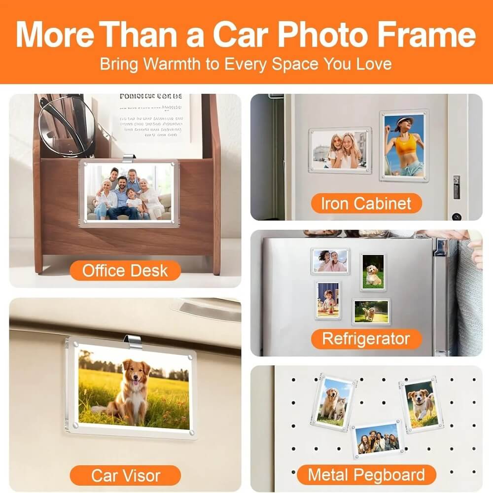 A collage showing a car photo frame magnet in multiple real-world locations: an office desk, an iron cabinet, a refrigerator, a car visor, and a metal pegboard. Large text at the top reads 'More Than a Car Photo Frame' and 'Bring Warmth to Every Space You Love.