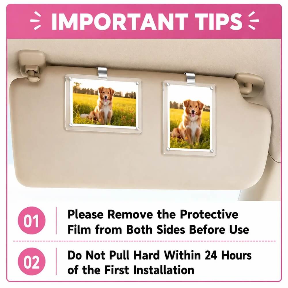 An instructional graphic showing two small rectangular photo frames attached to the inside of a beige car sun visor. The top header reads 'IMPORTANT TIPS' and the bottom text says to remove the protective film from both sides before use and not to pull hard within 24 hours of first installation.