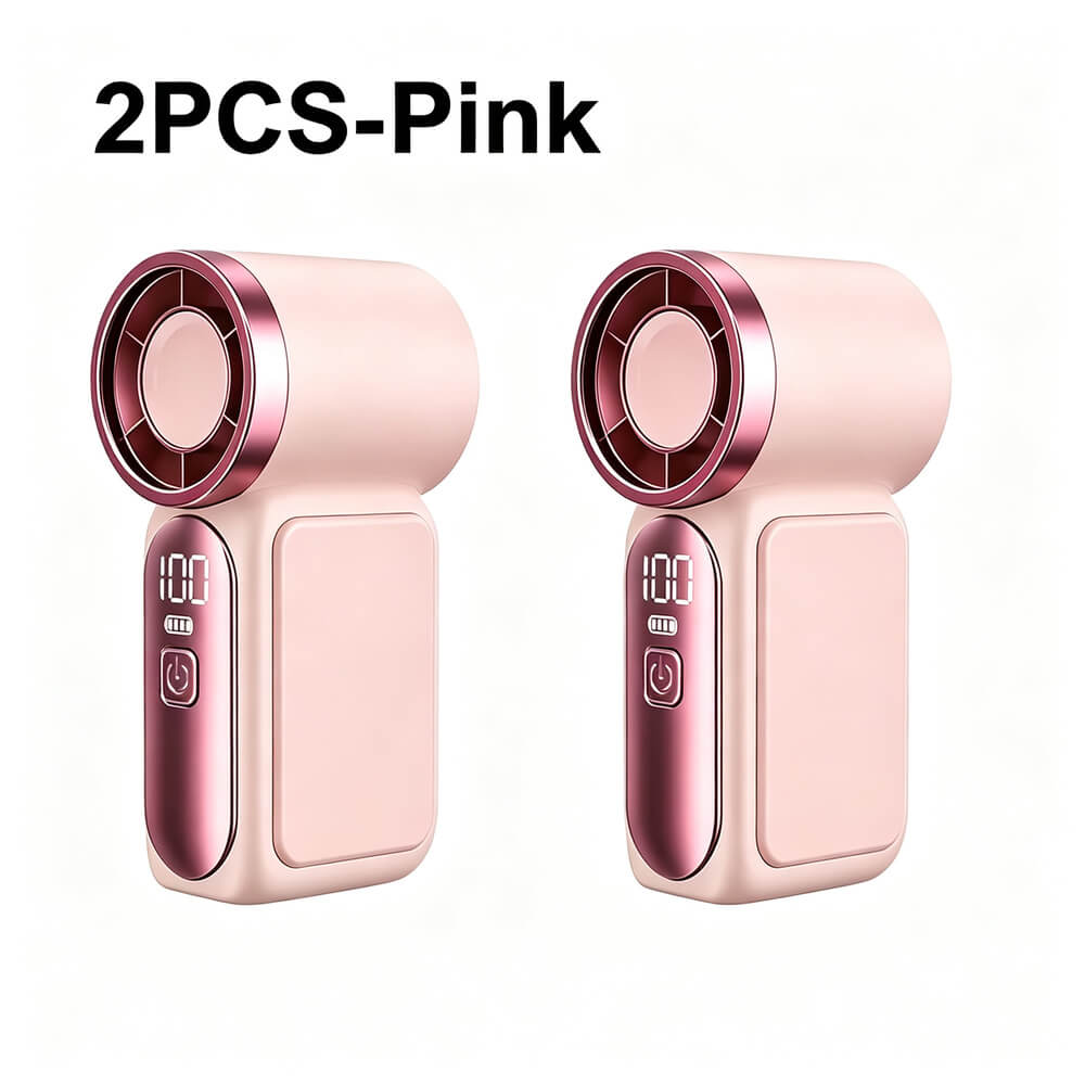 Two pink handheld fan devices shown side by side on a white background, with the text '2PCS-Pink' at the top. The fans have metallic rose-gold accents around the circular fan heads and a small digital display on the front.