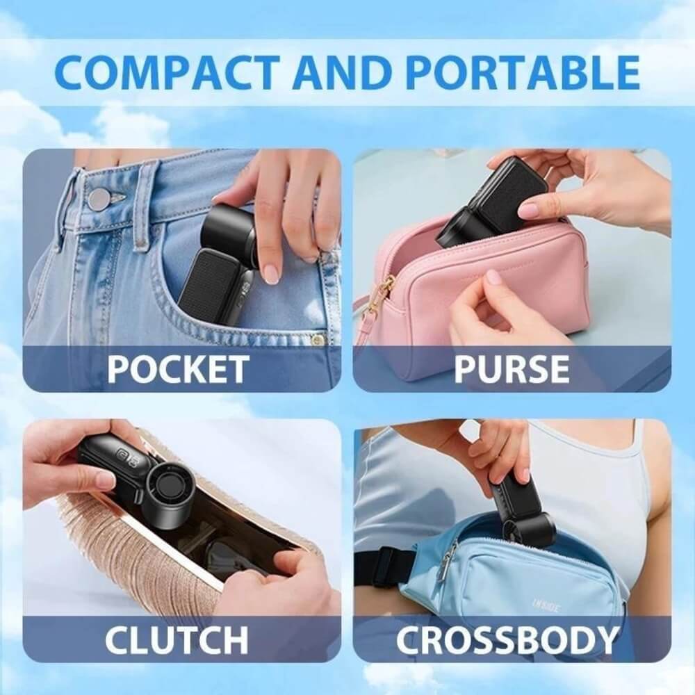 A four-panel promotional graphic showing a compact black camera strap or accessory being demonstrated in different carrying contexts: tucked into a denim pocket, placed inside a pink pouch, inserted into a beige clutch, and attached to a blue crossbody bag. The top text reads 'COMPACT AND PORTABLE' and each panel has a label such as 'POCKET,' 'PURSE,' 'CLUTCH,' and 'CROSSBODY.