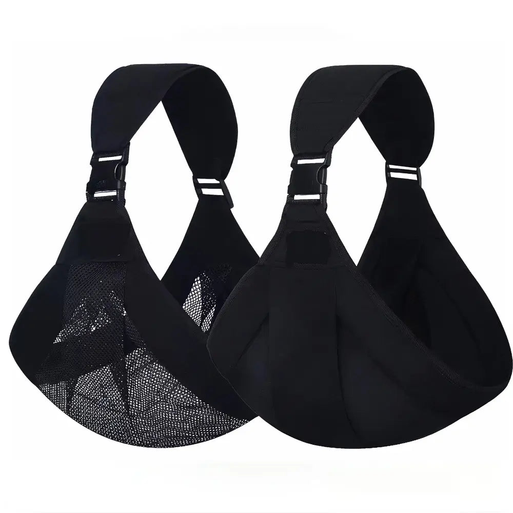 Two black nursing bra cups with adjustable straps and mesh panels, shown on a plain white background.