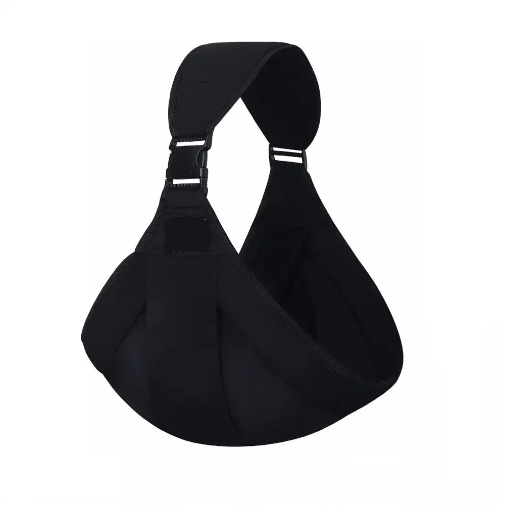 A black neoprene shoulder support brace with adjustable plastic buckles, shown on a plain white background.