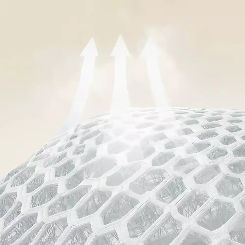 A close-up of a white honeycomb-patterned dome or enclosure with three translucent arrows rising upward from the top against a pale beige background.