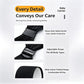 Feature callout graphic for a baby carrier showing three close-up detail views with text labels: a heavy-duty safety buckle, adjustable straps, and wide cotton-padded straps, on a light gray background.
