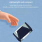 A small fabric accessory with dark navy, sage green, and white sections is shown against a light blue background with promotional text at the top and a soft peach hand graphic on the left.
