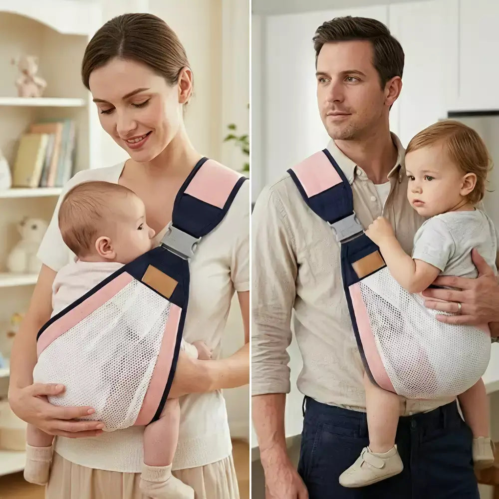 A split-screen lifestyle image showing a baby carrier worn by a woman and a man. The carrier features a white mesh body with pink and navy blue fabric panels and gray adjustable straps.