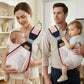 A split-screen lifestyle image showing a baby carrier worn by a woman and a man. The carrier features a white mesh body with pink and navy blue fabric panels and gray adjustable straps.