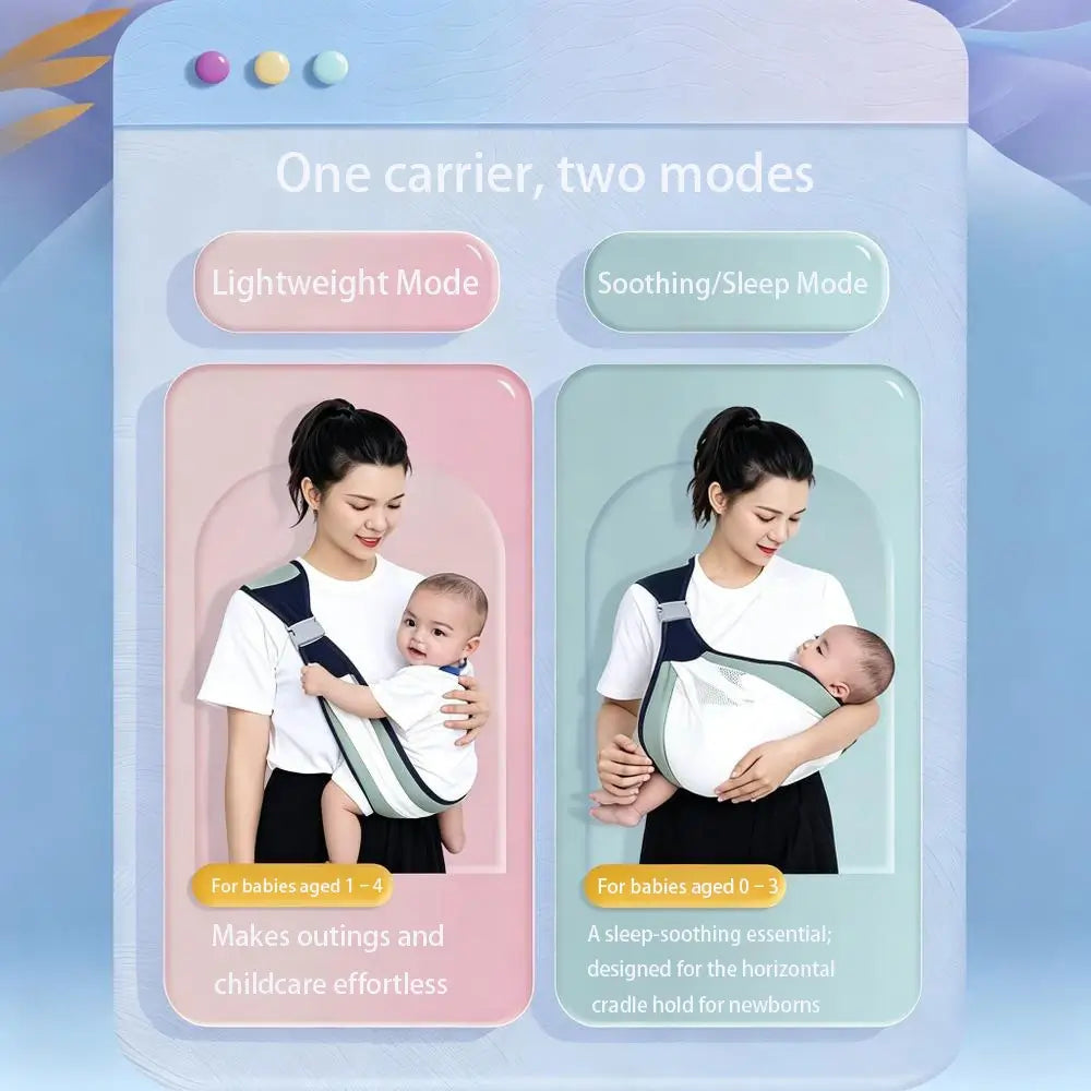 An infographic-style product image showing a baby carrier in two usage modes: Lightweight Mode on the left and Soothing/Sleep Mode on the right. A woman is pictured in both panels wearing the carrier with a baby inside.