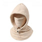 A beige fleece hooded neck warmer balaclava with a built-in face mask and a small black button with a white cord pull, shown on a plain white background.