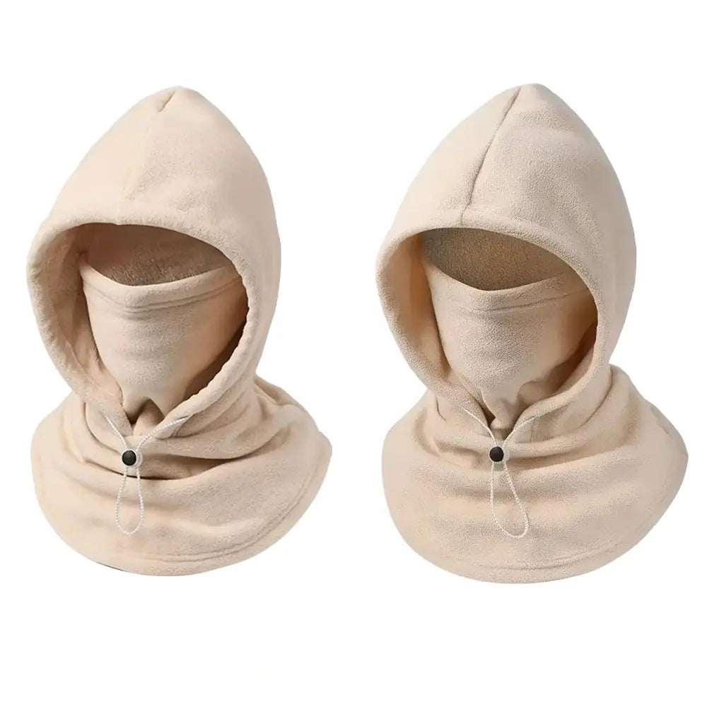 Two beige fleece balaclava hood neck warmers with face masks and drawstring closures, displayed side-by-side on a white background.