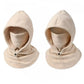 Two beige fleece balaclava hood neck warmers with face masks and drawstring closures, displayed side-by-side on a white background.