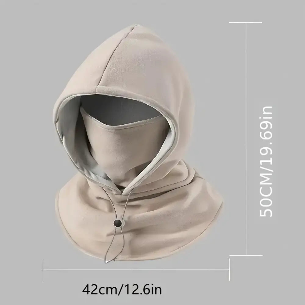 A hooded neck warmer face mask in light beige, shown on a plain gray background with dimension lines indicating 50 cm height and 42 cm width.
