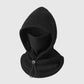 A black fleece balaclava hood with an integrated face mask and a silver metal toggle drawstring, shown on a neutral light gray background.