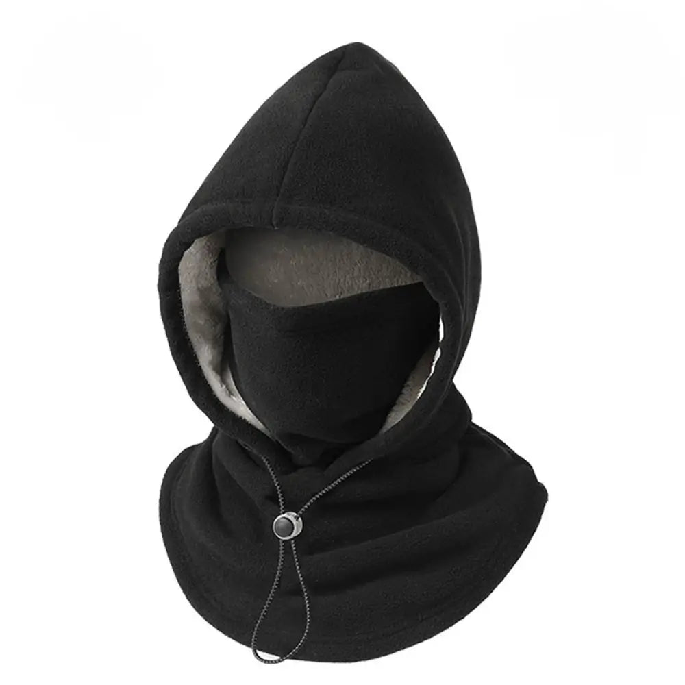 A black fleece hooded balaclava face mask with a gray fleece lining, featuring a drawstring closure at the neck, shown on a plain white background.