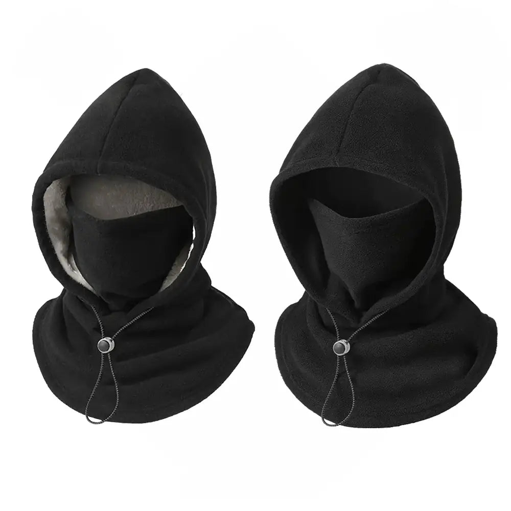 Two black fleece hooded face masks with gray inner lining and drawstring closures, displayed side by side on a plain white background.