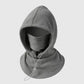 A gray fleece balaclava hood with an integrated face mask and a drawstring cord, shown on a light gray background.