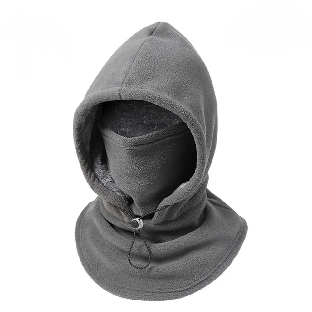A dark gray fleece balaclava hood with an integrated neck gaiter and drawstring, displayed on a clean white background.
