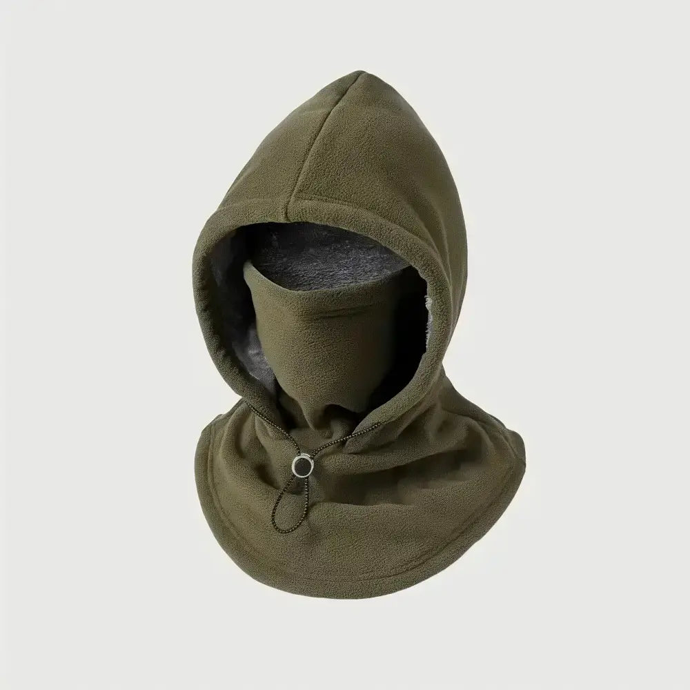 An olive green fleece hooded neck warmer with a matching face covering and a gray fleece lining, displayed on a neutral light gray background.