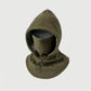 An olive green fleece hooded neck warmer with a matching face covering and a gray fleece lining, displayed on a neutral light gray background.