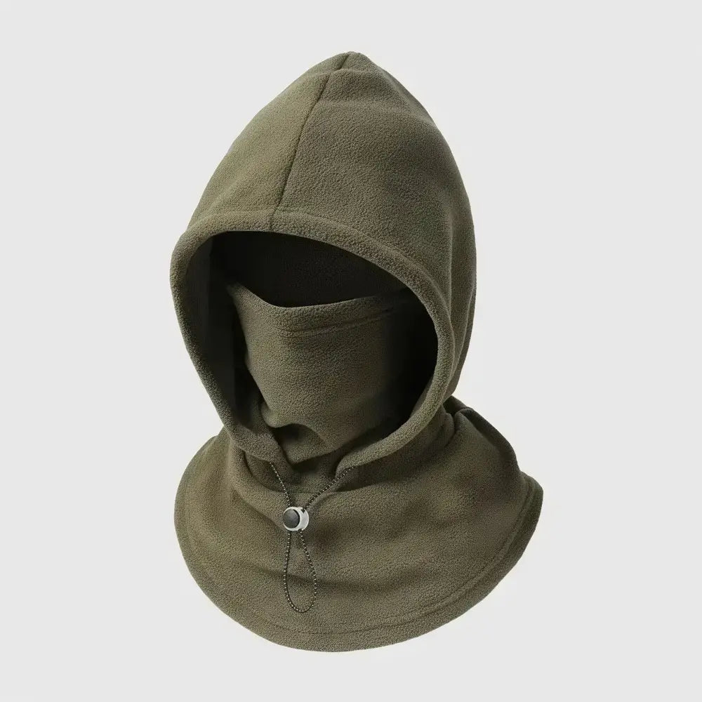 An olive green fleece balaclava hood with an integrated neck gaiter and a small silver metal slider, shown against a light gray background.