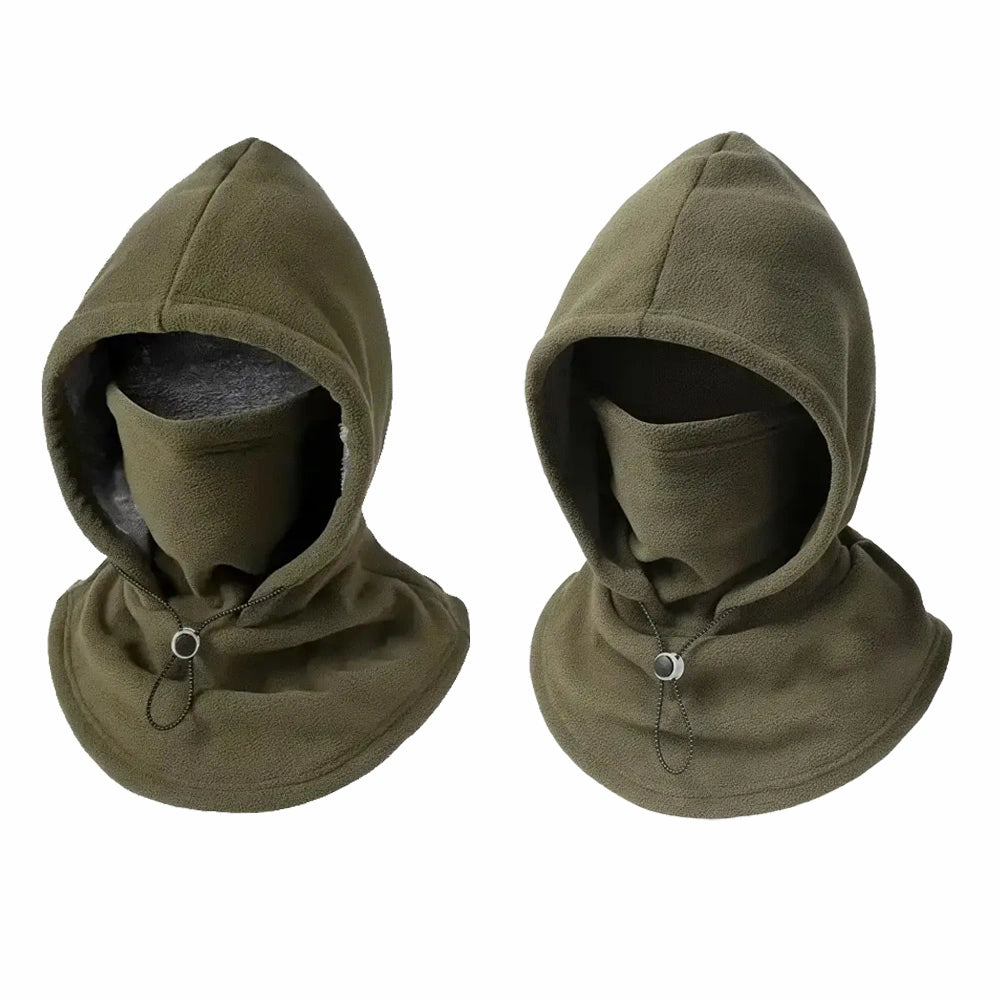 Two olive green fleece hooded face masks with integrated neck gaiters and drawstring closures, displayed side by side on a plain white background.