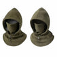 Two olive green fleece hooded face masks with integrated neck gaiters and drawstring closures, displayed side by side on a plain white background.