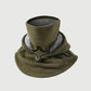 An olive green fleece neck warmer hood with a gray plush inner lining, shown on a light gray background.