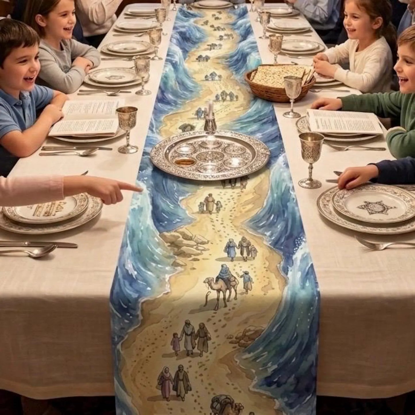 Watercolor Passover Seder table runner featuring the Red Sea crossing