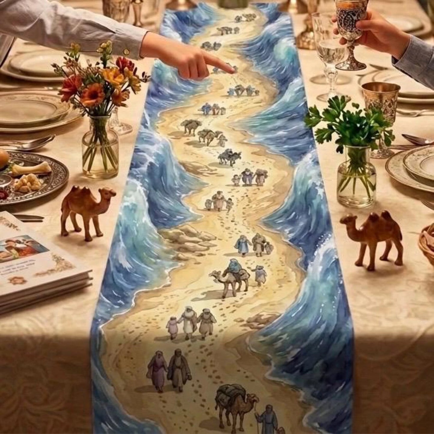 Polyester Passover table runner with vibrant watercolor artwork