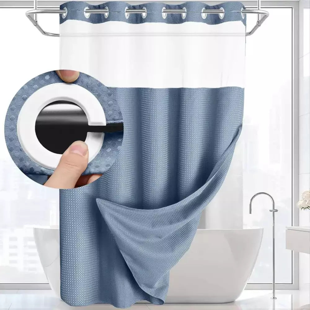 Pastel blue waffle shower curtain with a textured fabric design