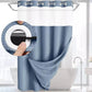 Pastel blue waffle shower curtain with a textured fabric design