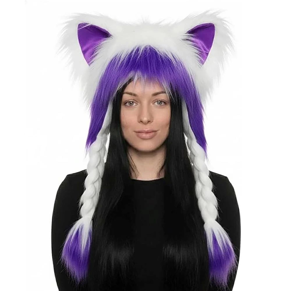 Model wearing a fluffy plush cat ear hat