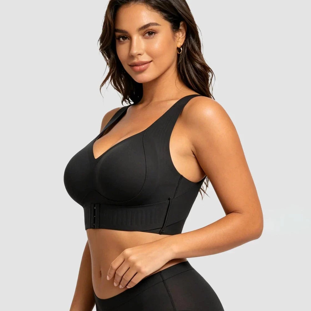 Black wireless posture support bra side view