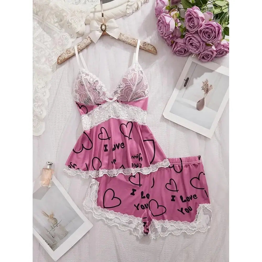 Purple women's pajama set with love and heart print, lace trim tank top and shorts