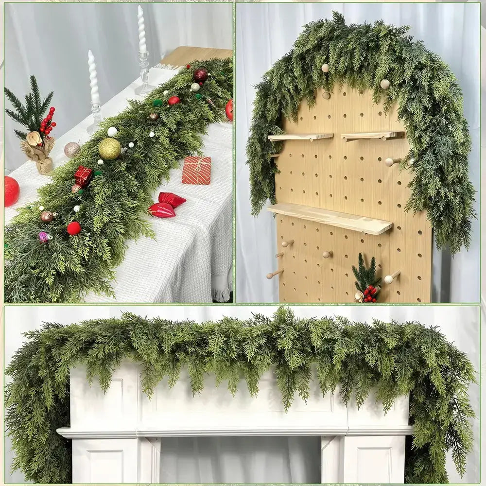 Three images of Christmas garlands in use on a bed, pegboard, and fireplace mantle.
