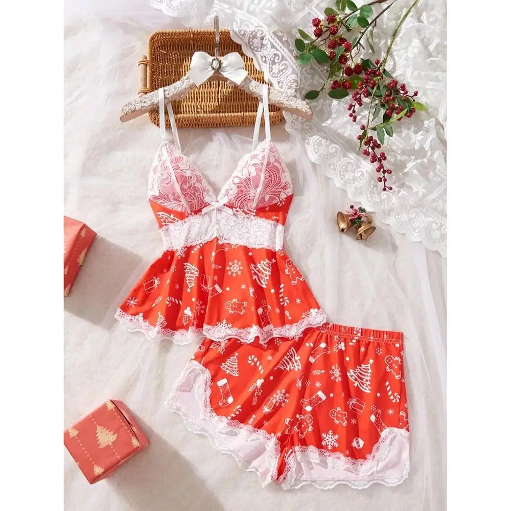 Red women's pajama set with Christmas tree, candy cane and holiday print
