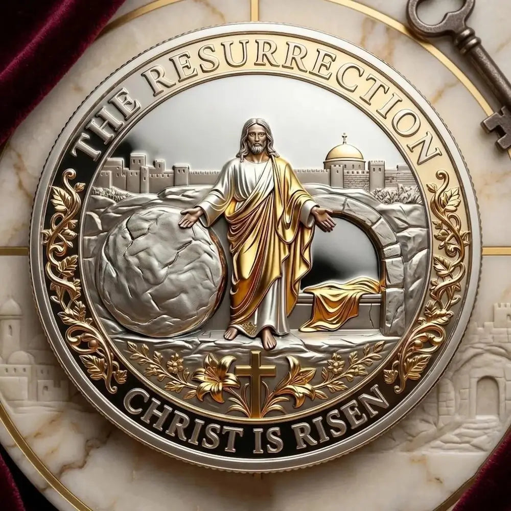 Front design of the cross and resurrection commemorative coin