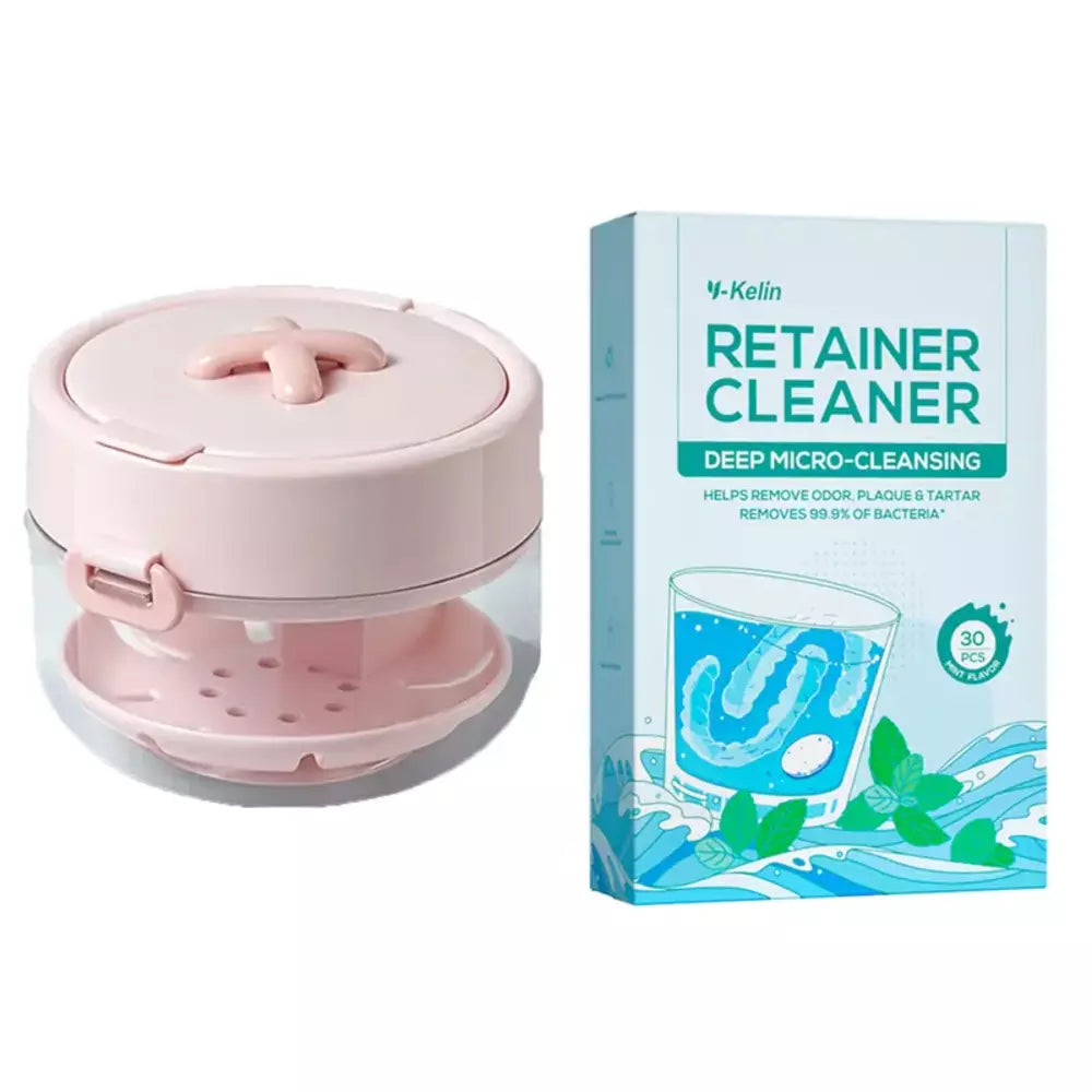 Retainer case set with mirror and cleaning accessories