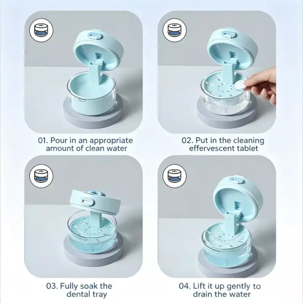 Showing how to use a small mint-blue dental tray cleaner: pour water, add effervescent tablets, soak the tray, and lift it to drain water.