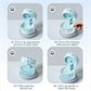 Showing how to use a small mint-blue dental tray cleaner: pour water, add effervescent tablets, soak the tray, and lift it to drain water.
