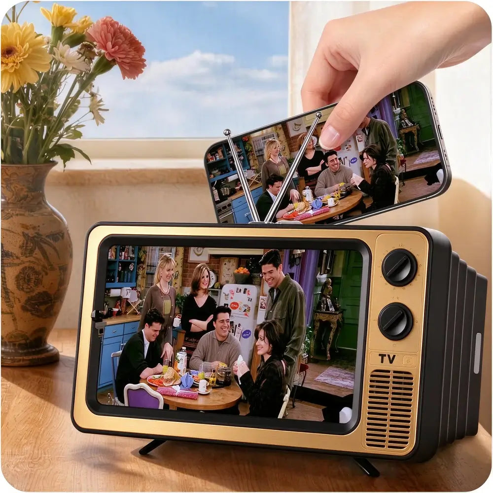 A retro-style television-shaped phone case or phone skin shown on a tabletop, with a hand holding a phone above it. The screen displays a colorful scene from Friends, and the product body is black with a gold-toned front border.