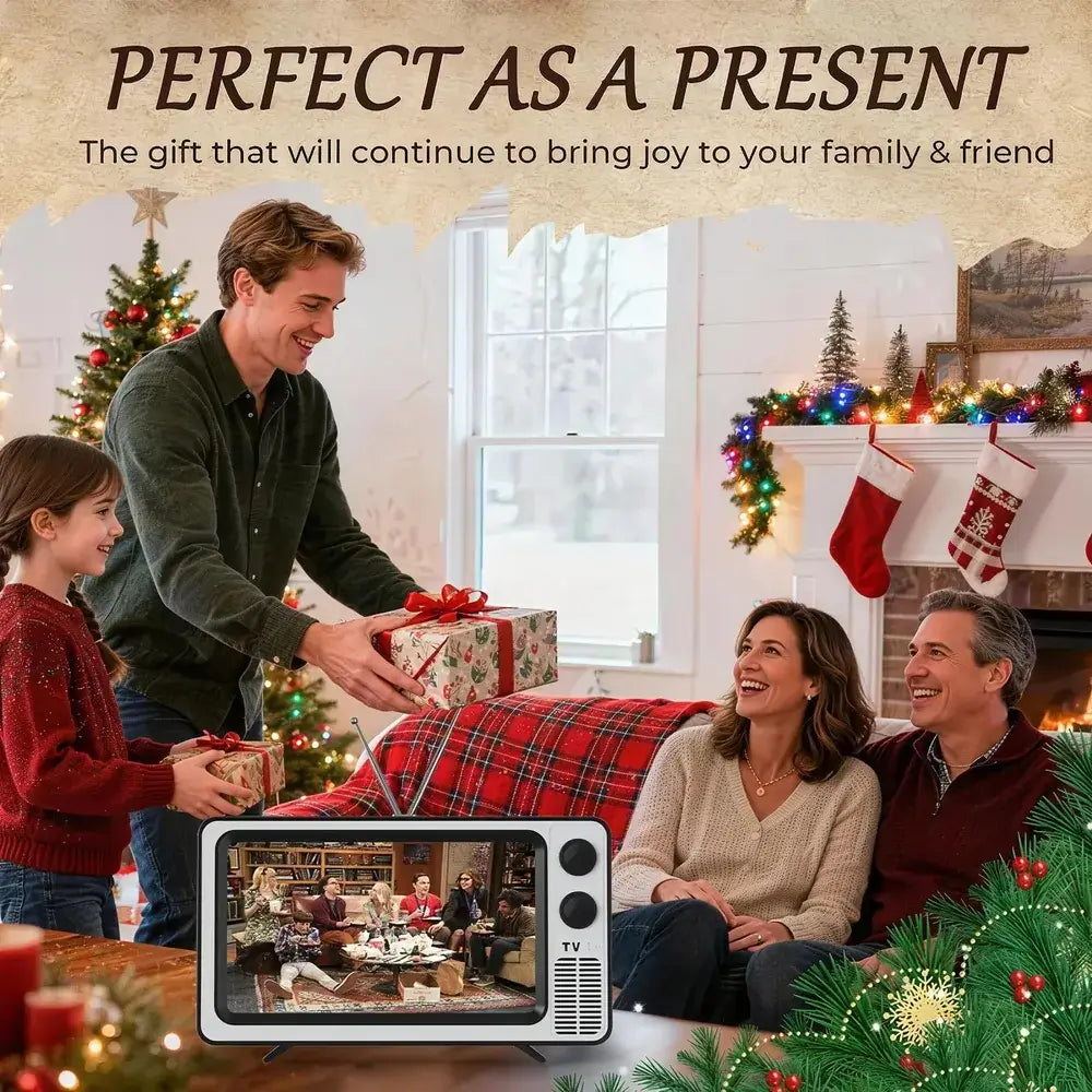 Family gathered around a Christmas tree with a gift exchange, surrounded by festive decorations.