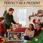Family gathered around a Christmas tree with a gift exchange, surrounded by festive decorations.