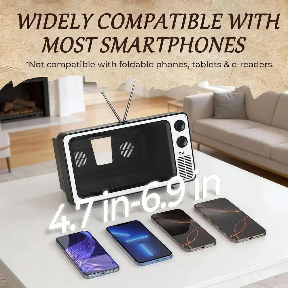 Vintage-style radio with smartphone compatibility text in a living room setting