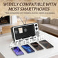 Vintage-style radio with smartphone compatibility text in a living room setting