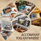 A promotional collage showing a portable retro-style television game console in multiple real-world settings: dining room, study, living room, bedroom, and game area. The central TV displays a video game scene, and the surrounding inset scenes show people using or watching the device.